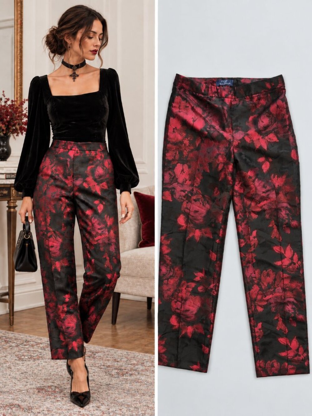 Talbots Red Black Floral Satin Tailored Trousers Whimsigoth Holiday Statement 6